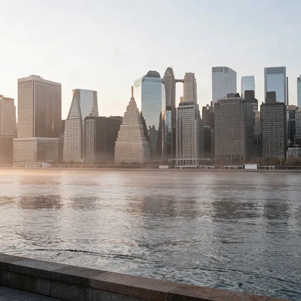 Manhattan skyline above a calm Hudson River at sunset with mist and open copy space