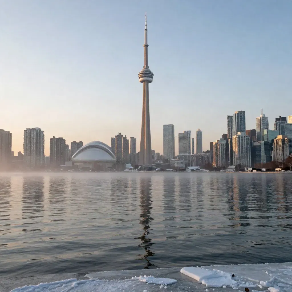 Toronto's CN Tower above a hazy winter waterfront at golden hour