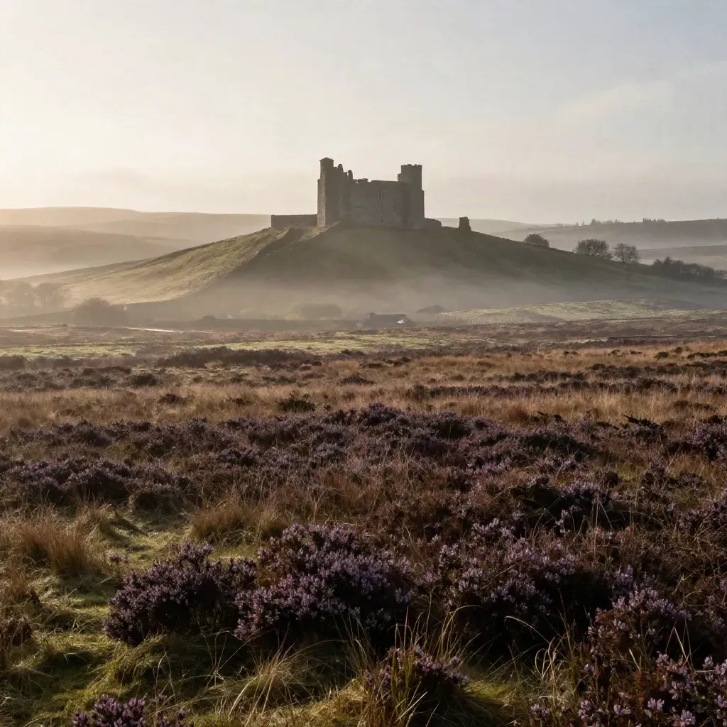 Misty UK moor with a distant stone castle on a foggy hill at warm dusk