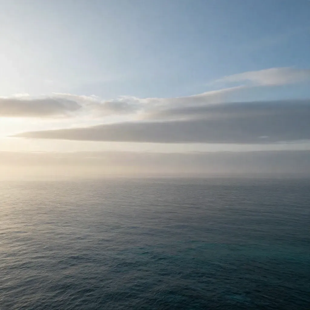 Dawn ocean horizon with layered clouds and a faint aircraft line over calm misty water.