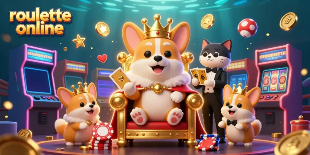 Experience roullete online with charming corgi royalty amidst a vibrant casino scene.
