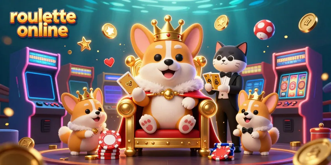 Experience roullete online with charming corgi royalty amidst a vibrant casino scene.