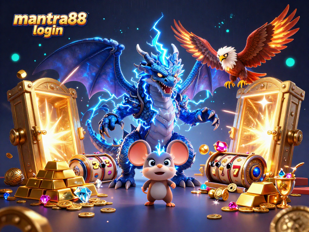 Play slots with excitement and rewards at MANTRA88 login, featuring dynamic characters and treasures.