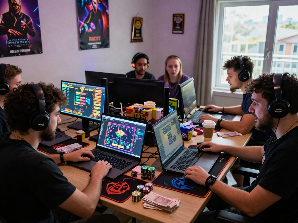 Engaged individuals using 먹튀스팟 검증사이트 in dynamic home gaming environment with vibrant setups.