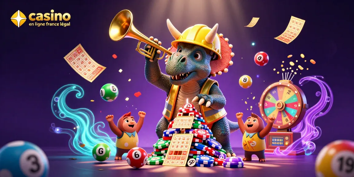Visuel dynamique de casino en ligne légal en France avec un tricératops joyeux construisant des jetons.