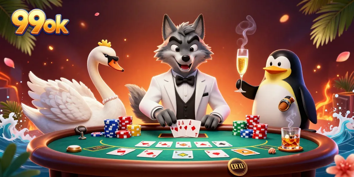 Experience thrilling gameplay at 99ok with cartoon characters showcasing baccarat and poker elements.