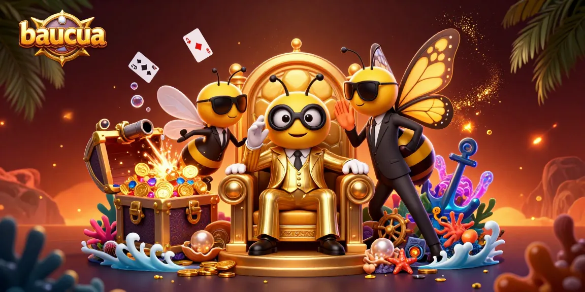 Engage in baucua with an exciting 3D cartoon illustration of a bumblebee mob boss surrounded by treasures and gaming elements.
