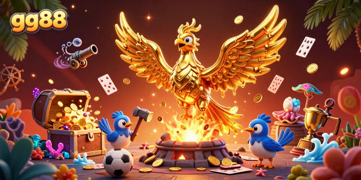 Join the thrilling world of gg88 sports betting with golden phoenix-themed action, coins, and trophies.