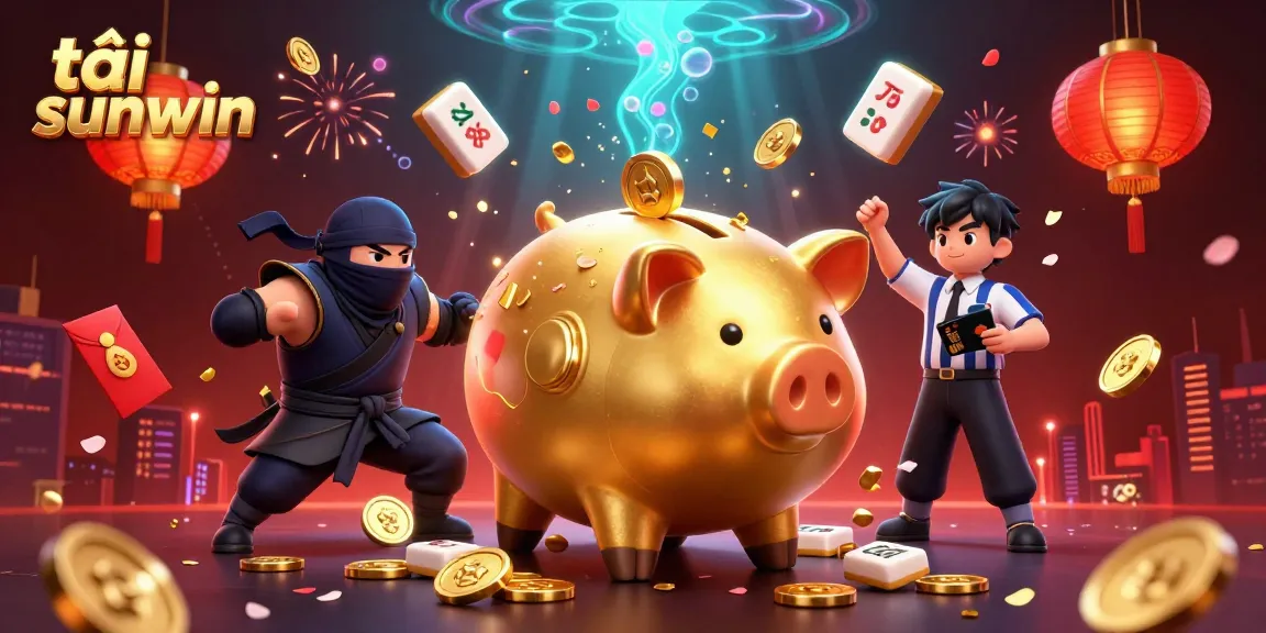 Engage with the colorful world of tải sunwin, where a golden piggy bank sumo wrestler stomps coins amidst dynamic game elements.