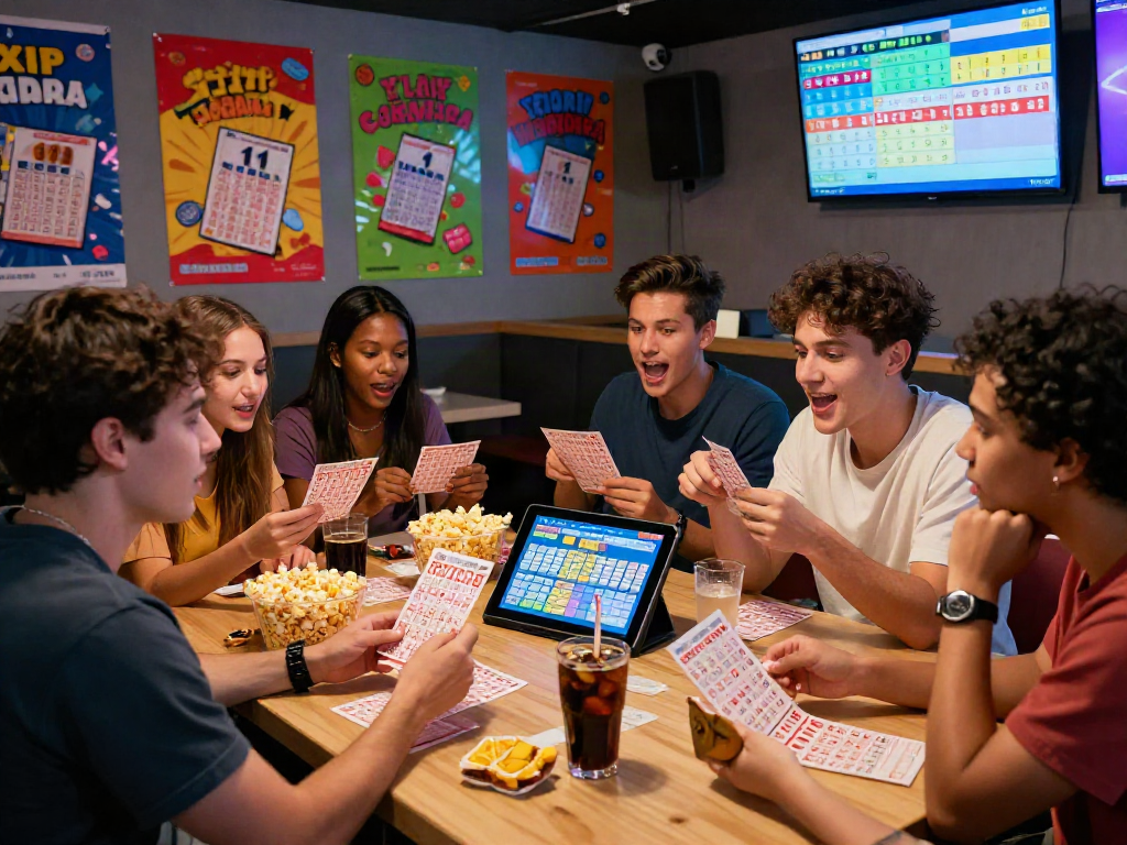 Friends discussing their lotto tickets in a vibrant lottery lounge, focusing on toto togel excitement.