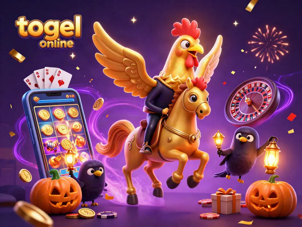 Gambar togel online dengan ayam emas dan suasana kasino malam yang ramai.
