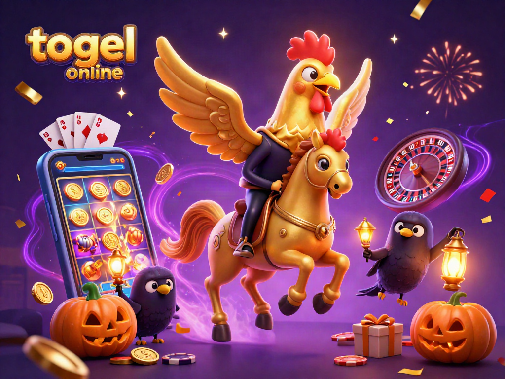 Gambar togel online dengan ayam emas dan suasana kasino malam yang ramai.