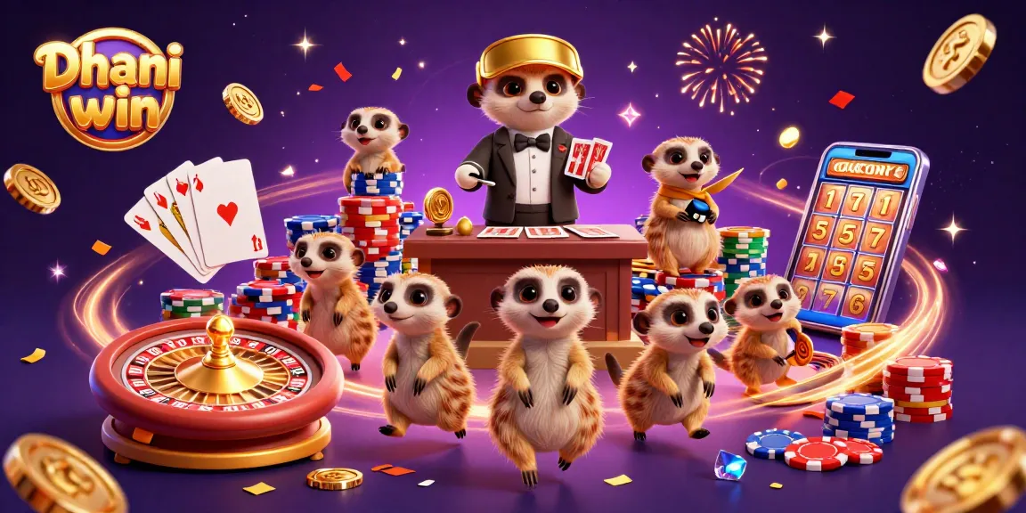 Dhani win engages players with a vibrant casino scene featuring meerkats and lively gaming elements.