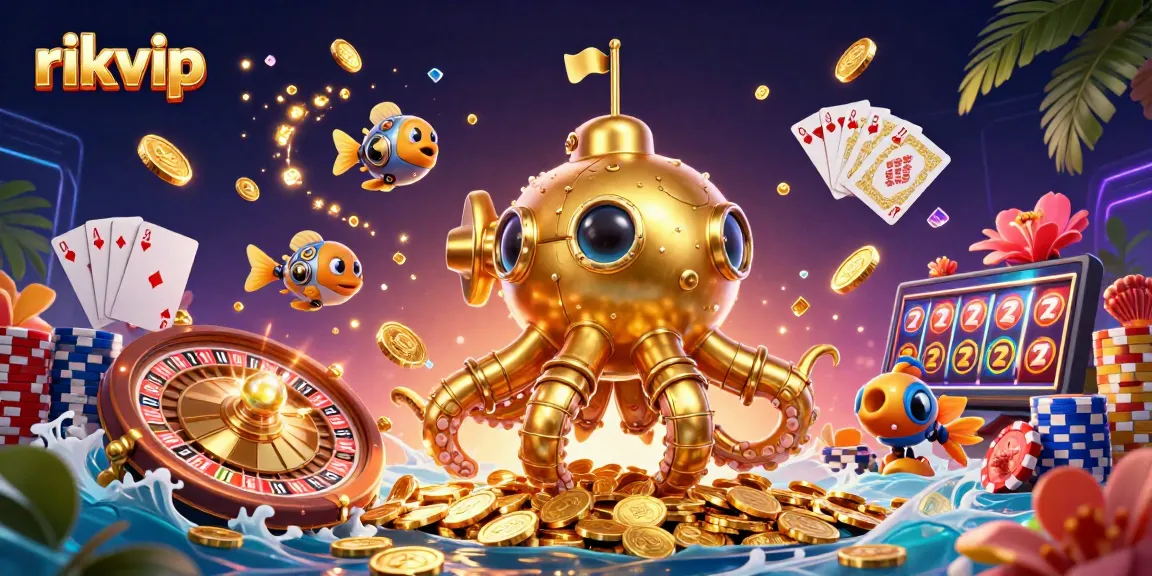 Experience thrilling wins at rikvip with vibrant 3D illustrations of golden kraken and immersive casino elements.