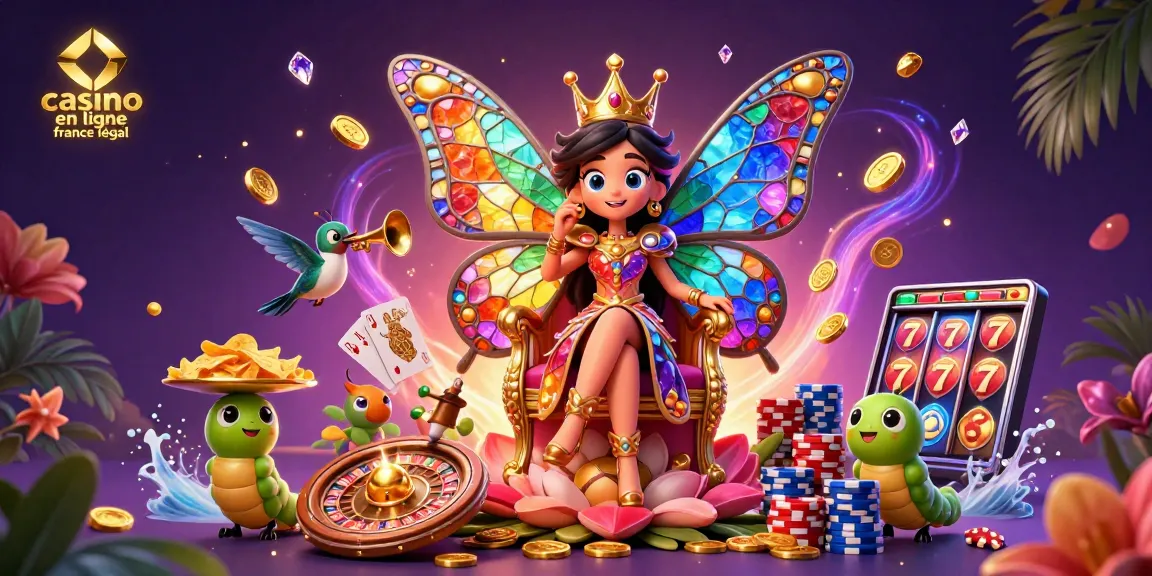 Visuel captivant d'une reine papillon sur un trône floral, représentant le casino en ligne France légal.