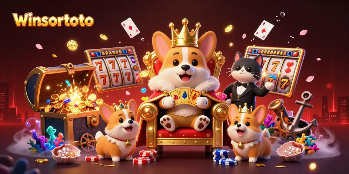 Visualisasi slot kemenangan winsortoto dengan karakter corgi berkerajaan di latar belakang kasino yang megah.