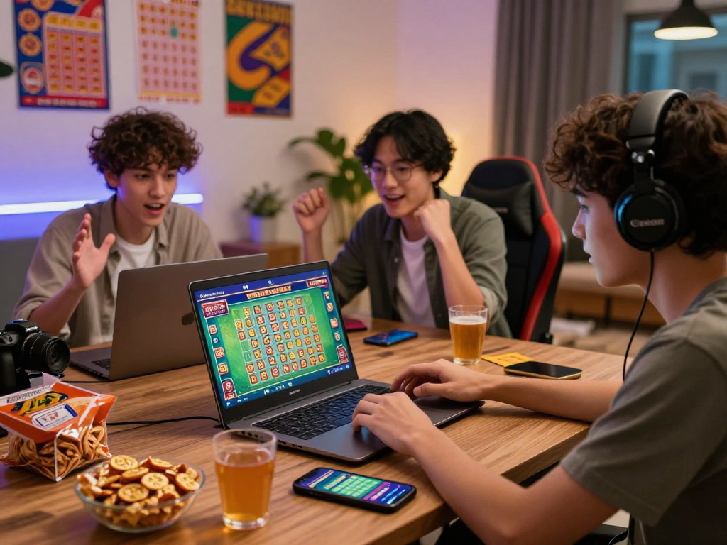 Dewatogel lottery game scene with players engaged at home, showcasing excitement and community.