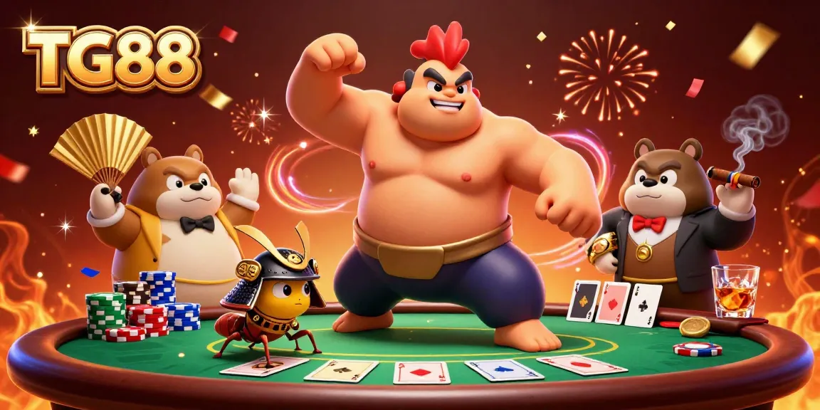 Experience exciting gameplay with TG88 as the powerful sumo rooster and fierce samurai cricket clash at a vibrant poker table.