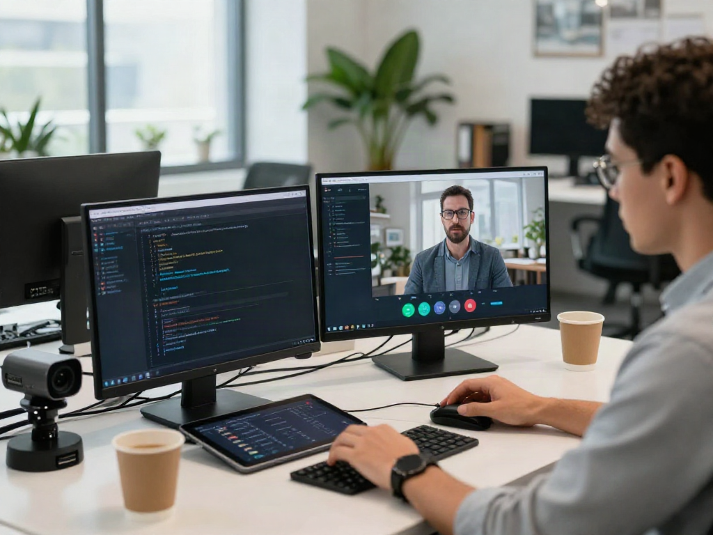 Deepfake protected Online Video Calls in a modern tech office with cybersecurity expert using advanced video call technology.