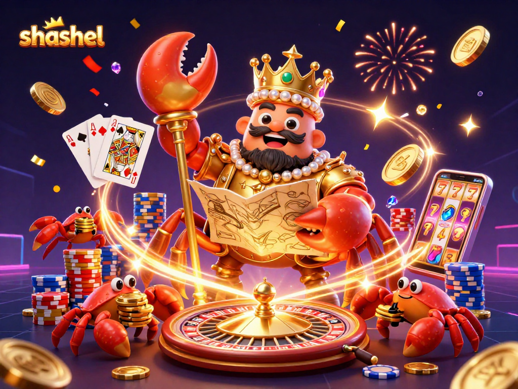 Experience shashel with a golden crab emperor amid a vibrant casino scene of chips and coins.