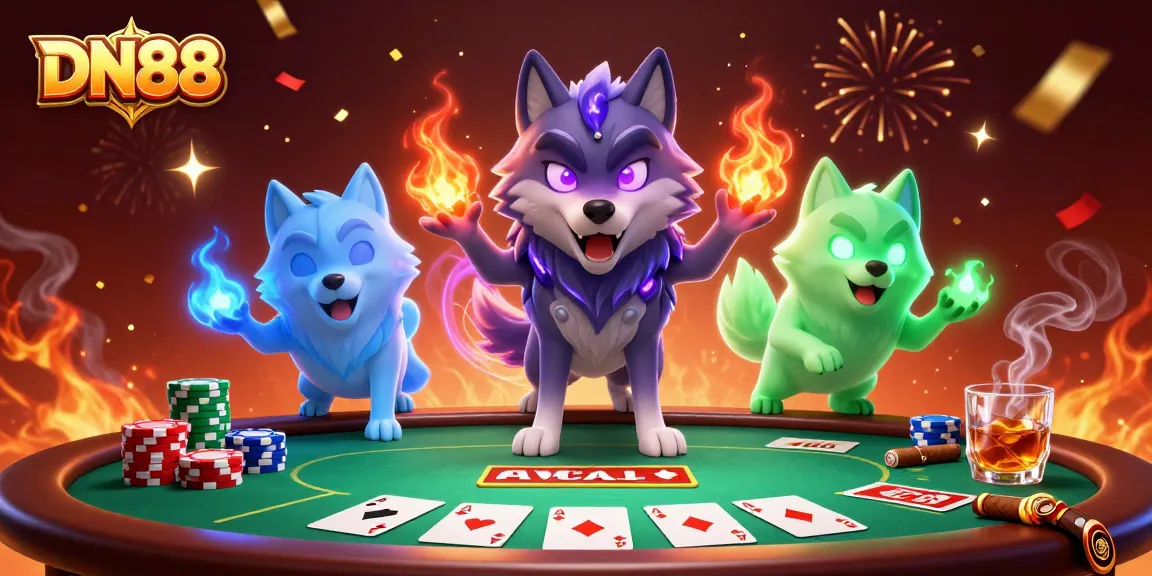 Engage with the thrilling DN88 online casino atmosphere featuring a ghostly wolf pack leader and poker elements.