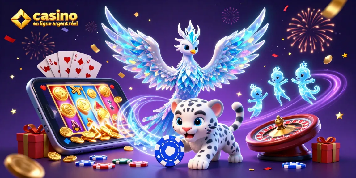Jouez sur un casino en ligne argent réel avec cette scène festive et magique de machines à sous et de cartes.