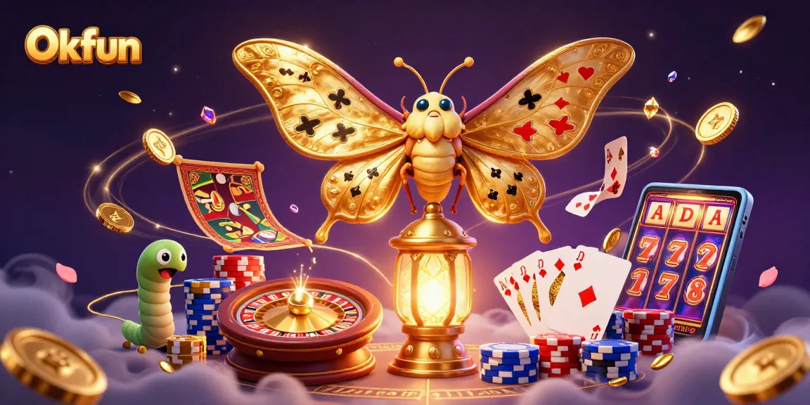 Experience excitement with Okfun's unique casino illustration showcasing vibrant games and rewards.