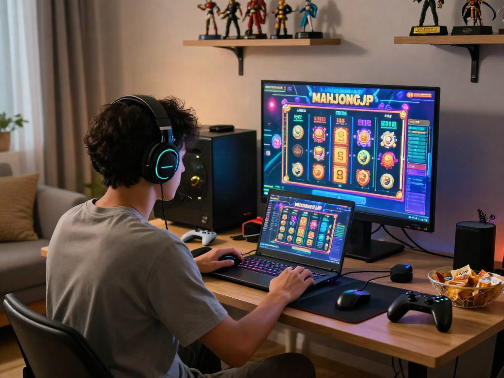 Exciting gaming scene with Slot MAHJONGJP88 played in a cozy living room.