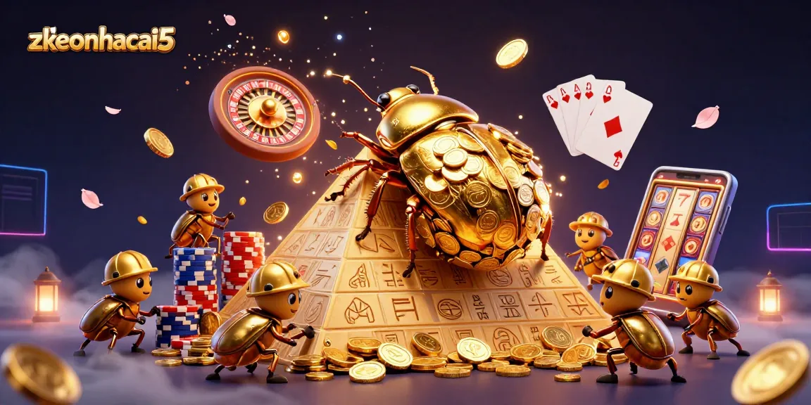 Experience the fun of zkeonhacai5 with a vibrant 3D beetle scene reflecting casino excitement.