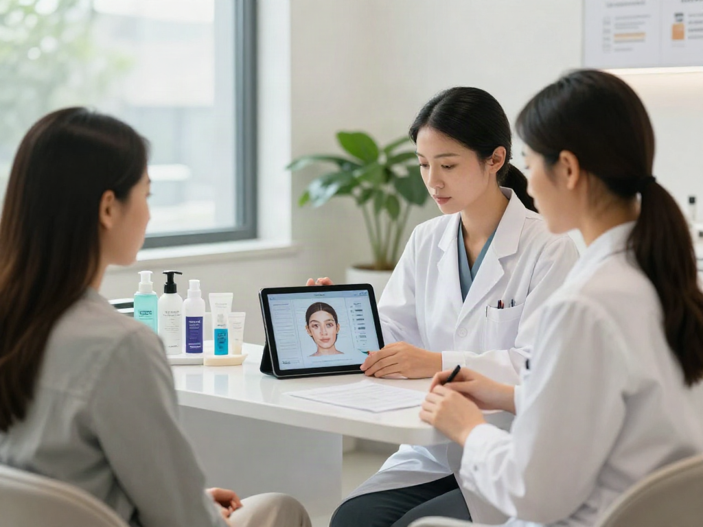Skincare consultation highlighting alternatives to QOVES services with digital analysis.