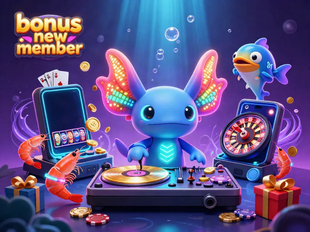 Engage with the bonus new member offer, illustrated by a vibrant axolotl DJ and animated casino elements.