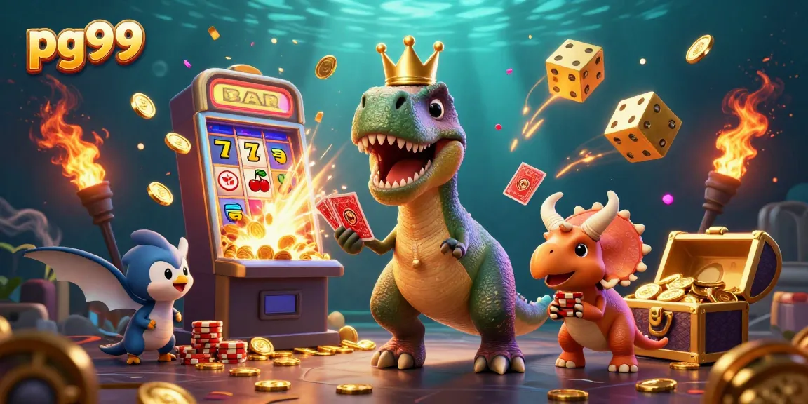 Engage with pg99's 3D casino adventure featuring a T-Rex shuffling cards amidst jackpot excitement.