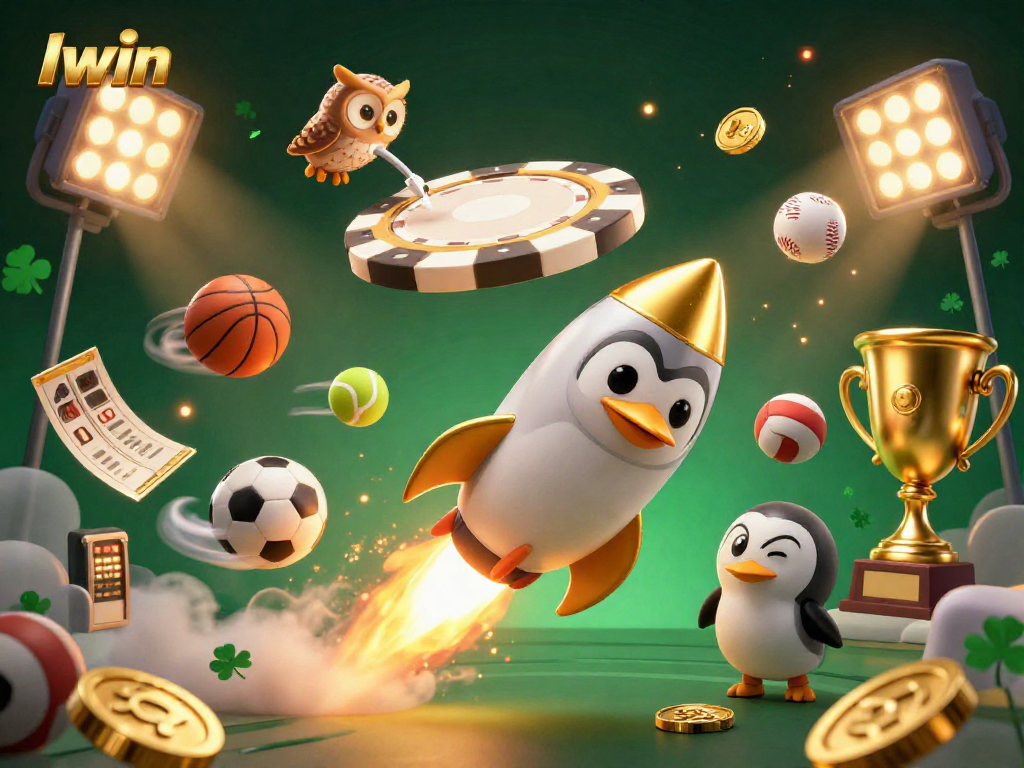 Iwin's vibrant 3D illustration showcases a penguin racing towards a casino space station with sports elements.