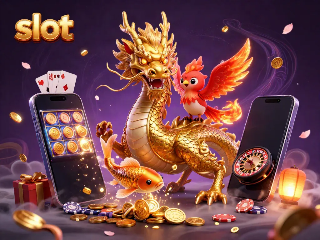 Menggandakan slot dan memenangkan koin emas dengan naga, burung phoenix, dan ikan koi dalam ilustrasi 3D.