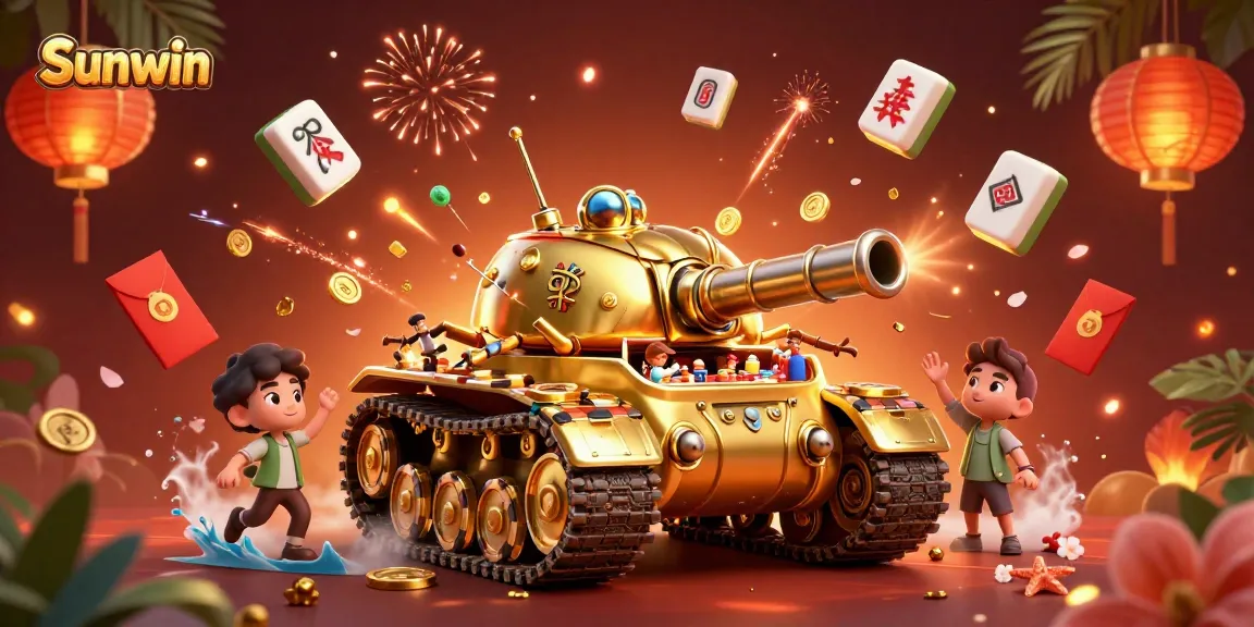 Sunwin reveals a vibrant casino scene with a golden beetle tank, tiny patrons, and festive decorations.