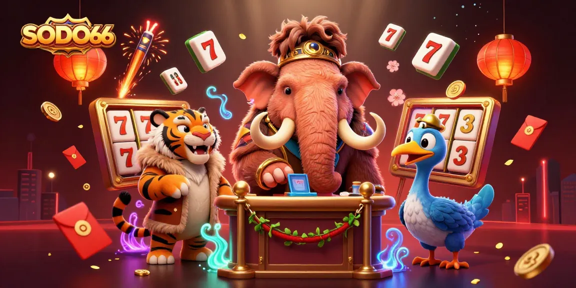 SODO66 casino scene featuring a woolly mammoth bouncer, a saber-tooth tiger VIP, and a dodo bird doorman, amid dynamic gambling elements