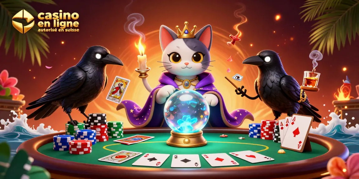 Jouer sur un casino en ligne autorisé en Suisse avec des personnages mystiques, cartes et jetons de poker.