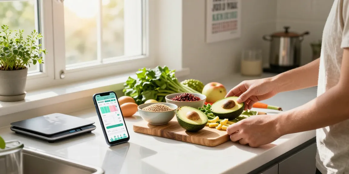 Person preparing ingredients in a modern kitchen using the best macro tracker app to measure portions for a healthy meal.