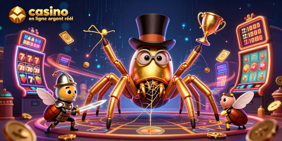 Une illustration 3D captivante de jeux de casino en ligne argent réel avec une tarentule géante et un chevalier ravissant.