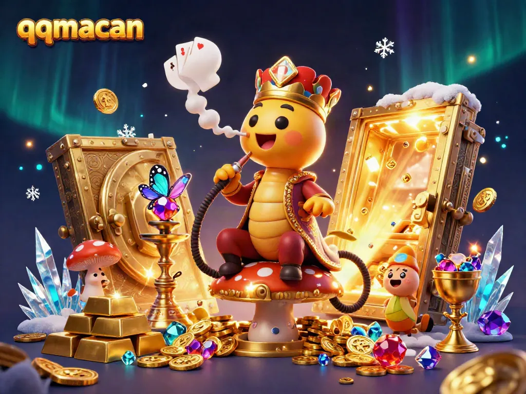 Engage in thrilling gambling with qqmacan, featuring a vibrant scene of characters and casino treasures.