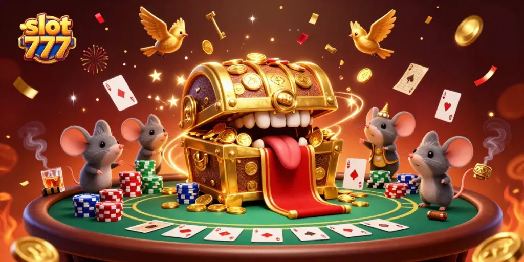 Pemain bersemangat menggunakan slot 777 untuk memenangkan jackpot di kasino online dengan simbol berkilau dan suasana meriah.