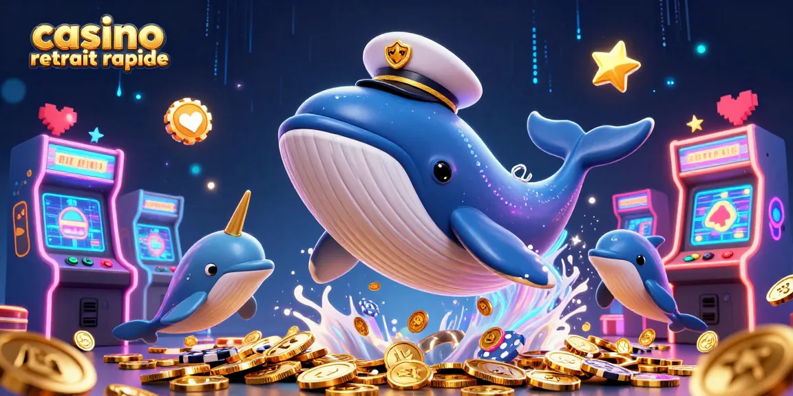 Casino retrait rapide : illustre un cétacé 3D amusant entouré de décorations de jeux, symbolisant des retraits de crypto instantanés.