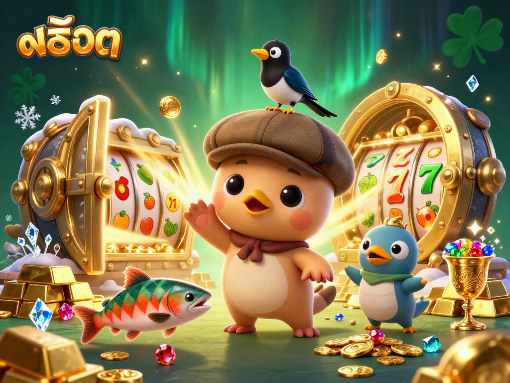 Engage withสล็อต experience featuring playful cartoon Nessie, gold treasures, and colorful slot symbols.