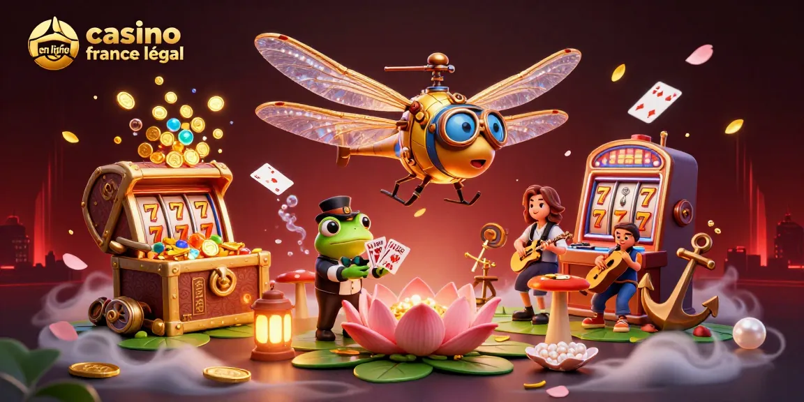 Jouez au casino en ligne France légal avec des cartes flottantes, un croupier grenouille et un pilote de libellule.