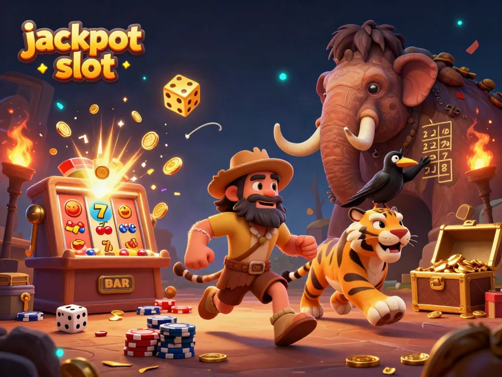 Exciting jackpot slot scene with a caveman duo, slot machines bursting coins, and vibrant casino elements