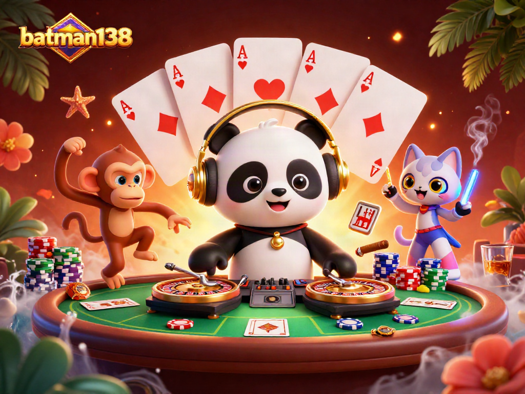 Engage with batman138's thrilling casino scene featuring a DJ panda and vibrant game elements.