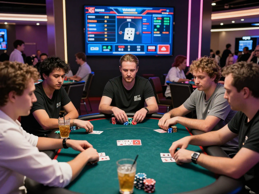 Exciting Poker88 poker game scene with players, chips, and screens in vibrant casino backdrop.