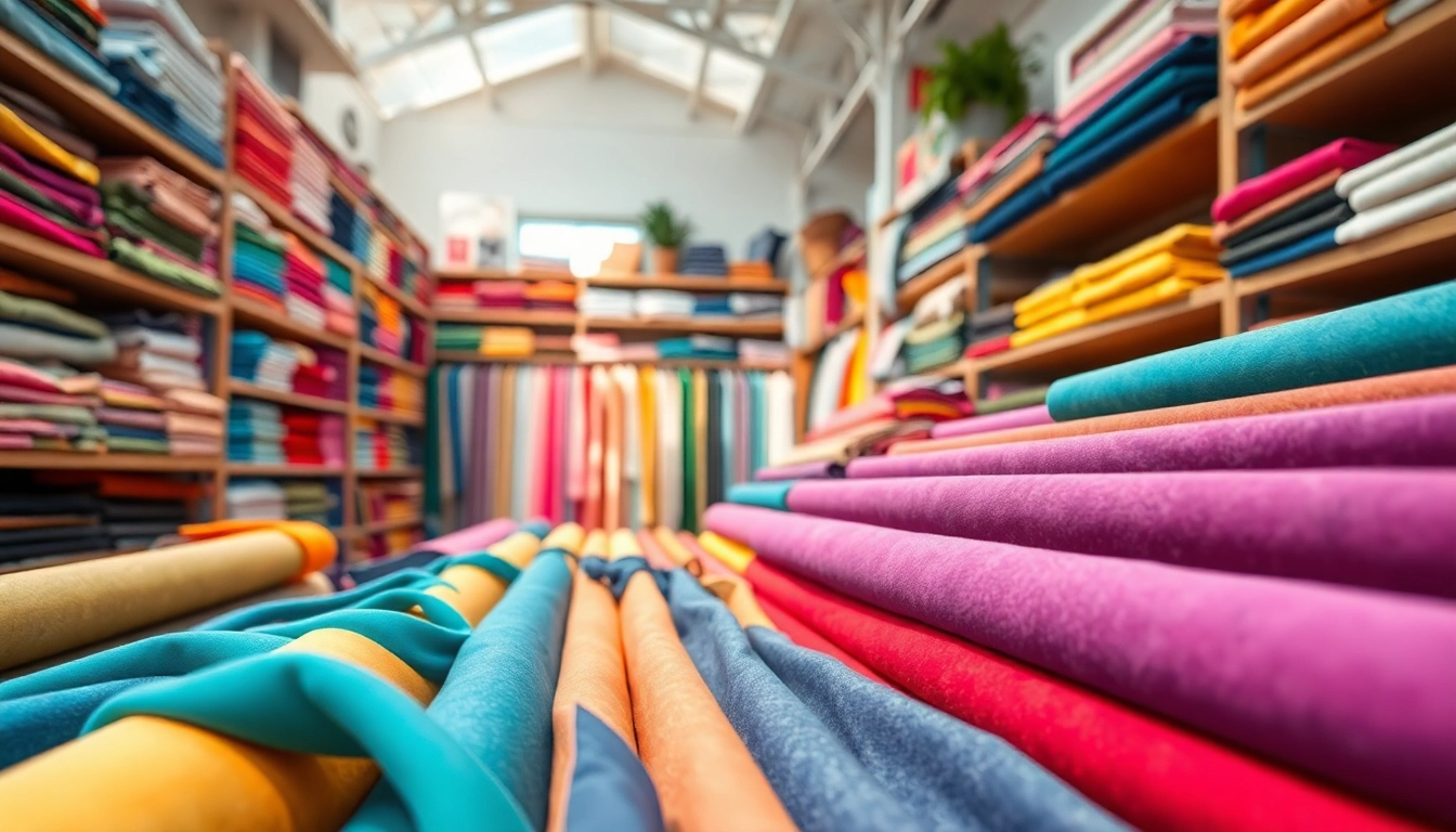 Bekijk diverse jogging stoffen rollen in stralende kleuren en texturen.