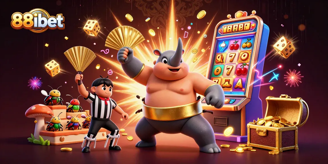 88ibet offers thrilling casino action with a dynamic scene of a beetle sumo champion amidst swirling golden coins.