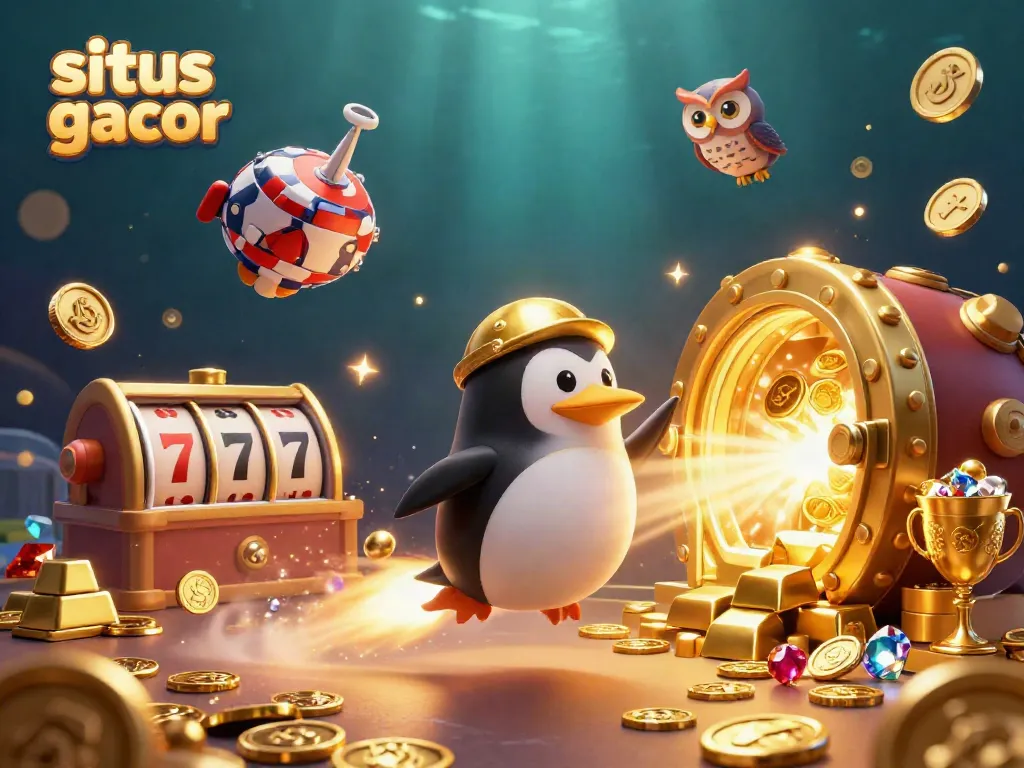 Gambarkan "situs slot gacor" dengan penguin emas bertenaga roket dalam suasana kasino yang kaya emas dan permata.